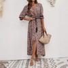 2025 Rayón Posicionamiento Estampado Manga Tres Cuartos Cintura Vestido Bohemio de Mujer Vacaciones Abotonado Falda de Playa