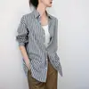 Camisa de Algodón Peinado Larga de Manga Larga Suelta para Viajar, Unisex, Oversize, Amigable con la Piel, Cómoda, Rayada, Abierta por Delante