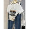 Camiseta de manga corta con estampado vintage de estilo americano para mujer, moderna camiseta de verano con diseño calado único.