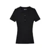 Blusa de Tricô Manga Curta Sexy com Lapela Vazada e Botão Cor Sólida Elástica Apertada de Verão Nova para Mulheres