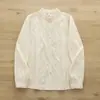 Colección Otoño 2026: Cárdigan de punto liso bordado jacquard fresco estilo japonés para mujer con cuello alto y mangas largas, Top tipo camisa blanco