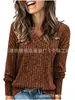 Amazon Wish Popular Transfronterizo Europeo y Americano Comercio Exterior Ropa de Mujer 2026 Manga Larga Cuello en V Tejido de Canalé Cepillado Camiseta