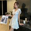 Traje de baño para mujer manga de hoja de loto falda delgada conservadora estilo coreano ins sexy de una pieza hada fan traje de baño de aguas termales al por mayor