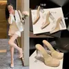 Sapatos de Salto Alto de Alça Única Estilo Novo Europeu e Americano Transfronteiriços para Mulheres, Chinelos de Cristal Confortáveis de Verão com Salto Grosso 2024, Não é Atacado, Tamanhos Grandes