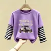 Camiseta de Manga Longa 100% Algodão para Meninos Primavera/Outono 2026 Nova Estilosa Desenho Animado Falso Duas Peças Top Roupa de Primavera Infantil Camisa Base