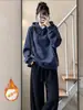 Sudadera con Capucha Suelta para Mujer Primavera Otoño Estilo Coreano Pulóver Chaqueta con Forro de Terciopelo Adelgazante Versátil Sensación Relajada Perezoso Color Sólido Top