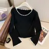 Suéter Corto de Punto con Cuello en U y Volantes para Mujer Primavera/Otoño 2026 Nuevo Ajustado Prenda Base de Punto Top para Mujer