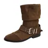Botas de montaria finas cor café 2026 para mulheres, bico fino amassado, botas de cano médio para outono e inverno, salto grosso, Maillard