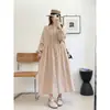 Vestido longo de outono novo, vintage, artístico, com babados, gola alta, plissado, manga longa, solto, plus size, de abotoamento simples