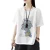 Sudeste Asiático Transfronteiriço Primavera e Verão plus size Solto Elegante Casual Retro Algodão e Linho Manga Curta Estampado Gola Redonda Camiseta Top
