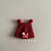 Chapéu de Ano Novo Infantil, Chapéu de Lã Tricotado Fofo Vermelho Escuro para Outono e Inverno, Espessado, Quente e à Prova de Vento para Meninos e Meninas
