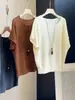 Suéter tejido hueco, suave y simple, estilo coreano para mujer, nueva colección de otoño, jersey holgado, cuello redondo, manga corta, top casual de lana