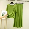 Traje de verano con diseño irregular, nueva camiseta con volantes y lazo, pantalones casuales de pierna ancha de nicho para mujer, cuello redondo, manga media