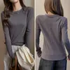 Tencel Lyocell Outono e Inverno Gola Redonda Pequena Super Macia Veludo Camiseta de Manga Comprida Feminina Interna Escovada Camiseta Básica Slim