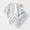 Conjunto de Gaze para Bebê Roupas de Casa para Bebê Manga Longa Top de Fibra de Bambu Calça Roupas de Verão com Ar Condicionado para Crianças Meninos Meninas