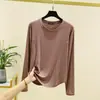 Nova Camisa Base Modal com Gola Redonda e Manga Longa Patchwork Emagrecedora para Mulheres, Top Liso para Primavera e Outono, Camiseta Plus Size de Corte Justo para Mulheres