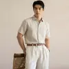 Camisa de Lino Puro de Alto Hilo Estilo Old Money de Manga Corta para Hombre, Verano 2026 Transpirable Cómoda Fresca Cuello Solapa Casual
