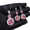 Collar de imitación de circonita rosa europea y americana transfronteriza con traje de diamantes de cristal rosa flor de cerezo, pendientes largos de botón de diamantes rosas Argyle