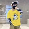 Camiseta de Manga Larga a Rayas con Cuello Redondo de Moda Estilo Coreano para Niños, Ropa de Primavera y Otoño, Niños Estampado de Dibujos Animados Capa Base Algodón Puro Fina