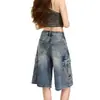 Shorts Jeans Feminino Casual Solto de Perna Larga com Cinco Bolsos, Estilo Americano Retrô Workwear, Tendência de Verão 2026