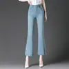 Verano 1076 Nuevo Llegada Micro-Lara Gris Jeans Acortados de Madre Pantalones Elásticos de Trompeta para Mujer de Mediana Edad y Mayores