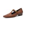 Zapatos de Mujer Mary Jane Retro Franceses con Camelia Primavera y Otoño Marrón T-Strap Tacón Grueso Zapatos Individuales Tacón Medio Zapatos de Cuero Pequeños