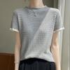 Camiseta Fina Lã Penteada e Mistura de Lã Tricotada Feminina Ombro Manga Curta Gola Média Regata Listrada Bloco de Cores Pulôver