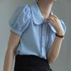 Tiro Real Camisa Azul Mujer Cuello de Muñeca Verano Pequeña Camisa Francesa Mujer Dulce Top de Manga Corta