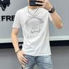 Camiseta Masculina de Manga Curta Artesanato Pesado Europeu Lantejoulas a Laser Moda Masculina Gola Alta Meia-manga Algodão de Seda de Alta Qualidade Tendência