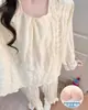 Pijama Estilo Princesa para Mujer, Primavera y Otoño, con Almohadillas Integradas en el Sujetador, Dulce, Delgado, Encaje de Algodón Nube, Manga Larga, Conjunto de Ropa de Casa Femenino