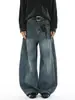 Jeans Streetwear Azul Retrô Solto de Perna Larga Design Retrô Americano Cintura Alta Calças de Caimento Larga de Perna Larga Comprimento no Chão