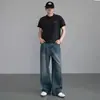 Jeans azul retro americano para homens de comércio exterior, novos jeans retos soltos para primavera e outono, lavagem pesada desgastada, da moda