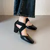 Novedad Primavera 2026 Estilo Retro Correa Cruzada Punta Cuadrada Mary Jane con Cordones Tacón Grueso Zapatos de Tacón Alto para Mujer