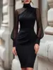 Vestido de malha patchwork estilo europeu e americano 2026, vestido justo bodycon de gola alta com manga lanterna, vestido de noite para mulheres