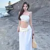 Conjunto Sexy de Dos Piezas para Mujer Estilo Resort de Playa, Top Tubo Blanco que Muestra la Cintura y Falda Larga de Cintura Baja, Conjunto de Verano Picante para Chicas