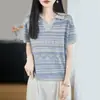 Nuevo Estilo Primavera y Verano 2026 Tejido de Punto Tencel Lino Cuello Solapa Manga Corta Corte Femenino Color Contrastante Camiseta Base Suelta