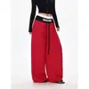 Pantalones Deportivos Originales de Algodón Puro Compuesto Falsos de Dos Piezas para Mujer t Nt Primavera y Otoño de Cintura Alta con Cordón Sueltos de Pierna Ancha Curvos