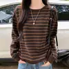 Camiseta de Tricô Listrada Colorida com Gola Redonda e Manga Longa Feminina Outono Inverno Solta Emagrecedora Estilo Coreano Preguiçoso Versátil Camada Base Top