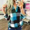 Camiseta de manga larga con cuello en V y estampado a cuadros para mujer, nueva camiseta de comercio exterior europeo y americano WISH para primavera y otoño