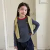 Camiseta interior a rayas estilo coreano Aimobebe para niñas, mezcla de algodón para niños, suave y cómoda, alta elasticidad, top de manga larga con bloques de color retro