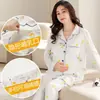 Pijama de Maternidade de Algodão Puro para Primavera e Outono, Manga Longa, para Amamentação, Todo em Algodão, Roupa Pós-Parto para Amamentar, Conjunto de Duas Peças para Casa