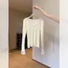 Camiseta de Tricô Feminina com Decote V, Manga Longa, Renda em Laço, Doce e Picante, para Outono Inicial, Camada Base Slim Fit Pura Desejo