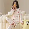 Pijama de Cardigan de Manga Larga para Mujer de Algodón Puro, Lindo Set de Ropa de Casa Dulce con Dibujos Animados para Niñas, Se Puede Usar Afuera