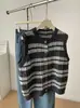 Colete de tricô listrado estilo universitário para mulheres, novo cardigã casual de outono com corte solto e gola redonda, colete versátil para sobreposição
