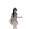 Vestido Retro de Verano Nuevo con Retazos y Cuello Polo Ajustado de Manga Corta Estilo Universitario Falda Corta Abullonada para Mujer