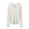 Suéter 100% cashmere para mulheres, outono e inverno, com zíper, capuz, design canelado, corte justo, adequado como camada base ou usado como peça externa, e proporciona calor