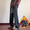 Jeans de pierna ancha para hombre, corte recto holgado, estilo retro americano, cintura elástica, pantalones largos casuales de trabajo, duraderos y con forro polar