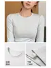 Camiseta de mujer de color liso, hombro normal, cuello redondo, corte ajustado, entallada en la cintura, adelgazante, manga larga, fina, básica, versátil, favorecedora, adecuada para otoño