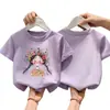 Camiseta de Algodão Manga Curta Estampa Cartoon Fofa de Verão para Meninas 2026 Nova Roupa Infantil Cartoon Gola Redonda