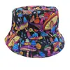 Sombrero de Pescador Trendy con Graffiti, Sombrero Reversible Vintage para Protección Solar, Sombrero de Cubo Unisex Versátil para Exteriores con Estampado Hip-Hop